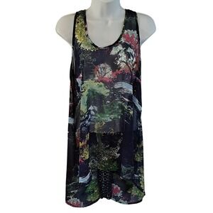 Sheer Landscape Print Racerback Tank Tunic Top Multi Navy M hi lo cover up beach